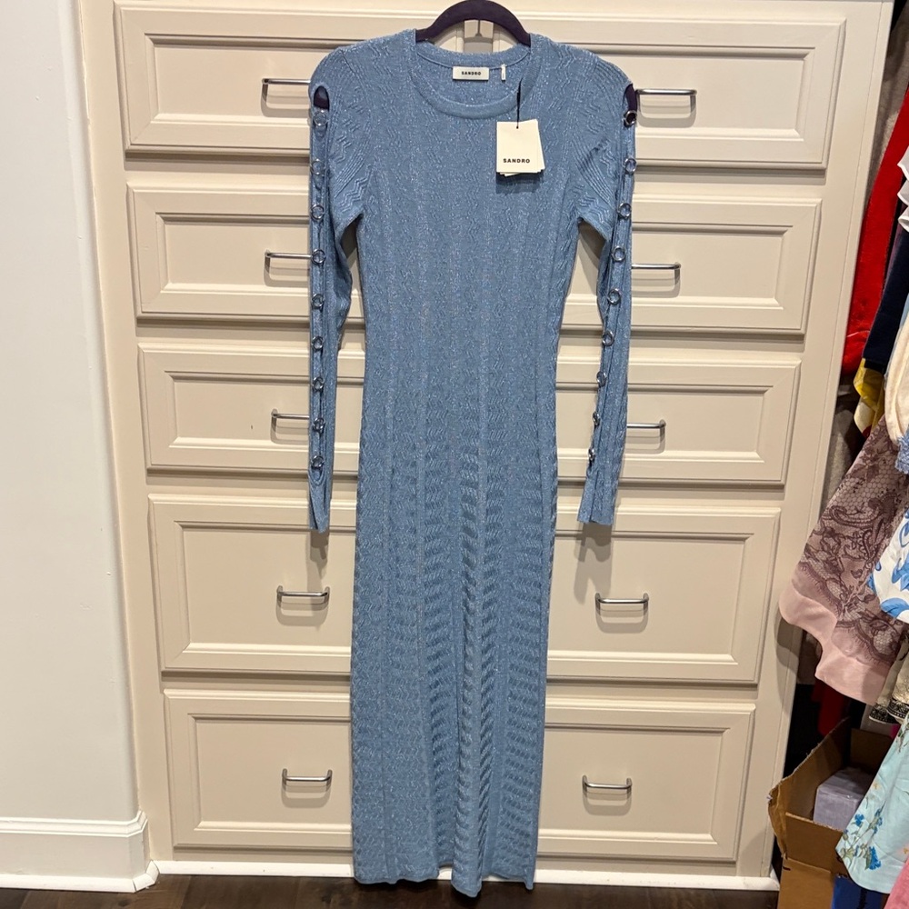 Sandro Light Blue Long-Sleeve Cable Knit Maxi Dress